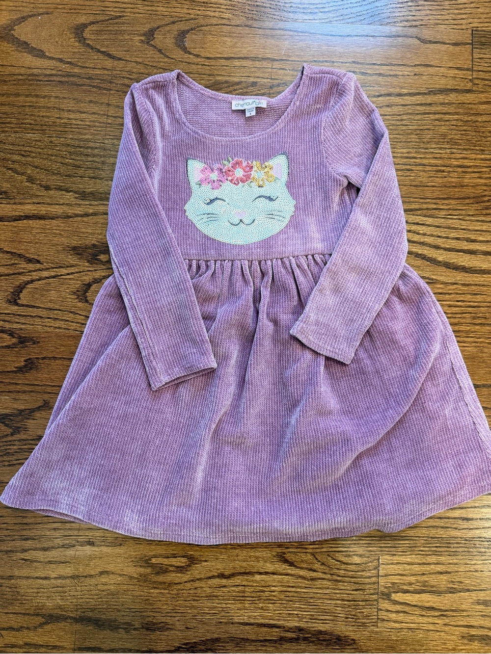 Chenault Lavender Corduroy Dress with Cat Applique